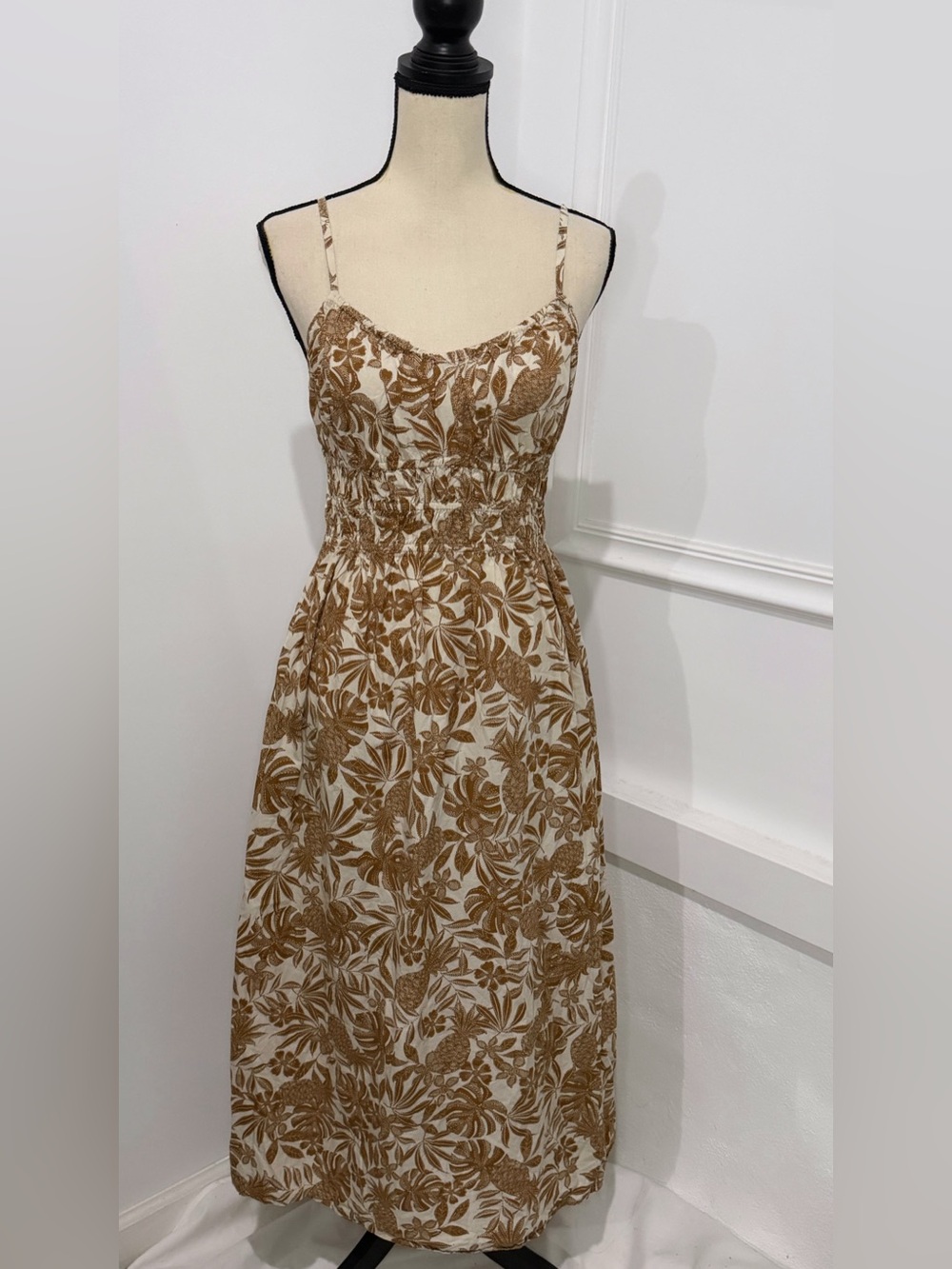 a.n.a White and Brown Floral Smocked Midi Dress with pockets
